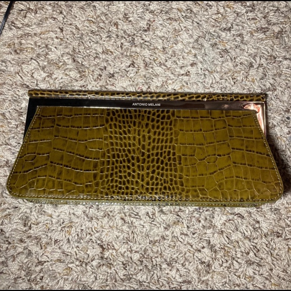 Antonio Melani Brown Olive Green Snake Skin Print Clutch Purse